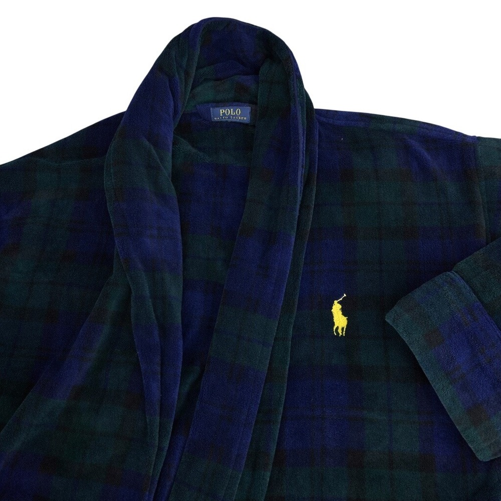 Polo Ralph Lauren Men Plaid Plush Bathrobe Blue Green One Size Blackwatch Lounge